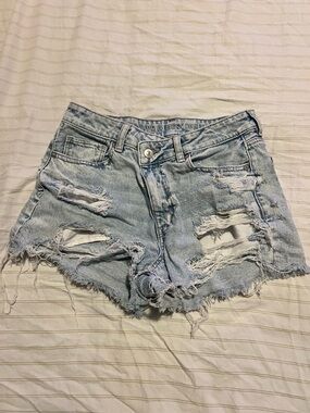 American Eagle Outfitters High Waisted Light Blue Distressed Denim Cutoff Shorts